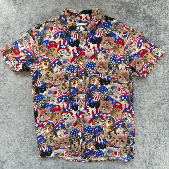 Tipsy Elves Men's All Over USA Cat Print Button Down Shirt America Patriotic - Picture 2 of 5